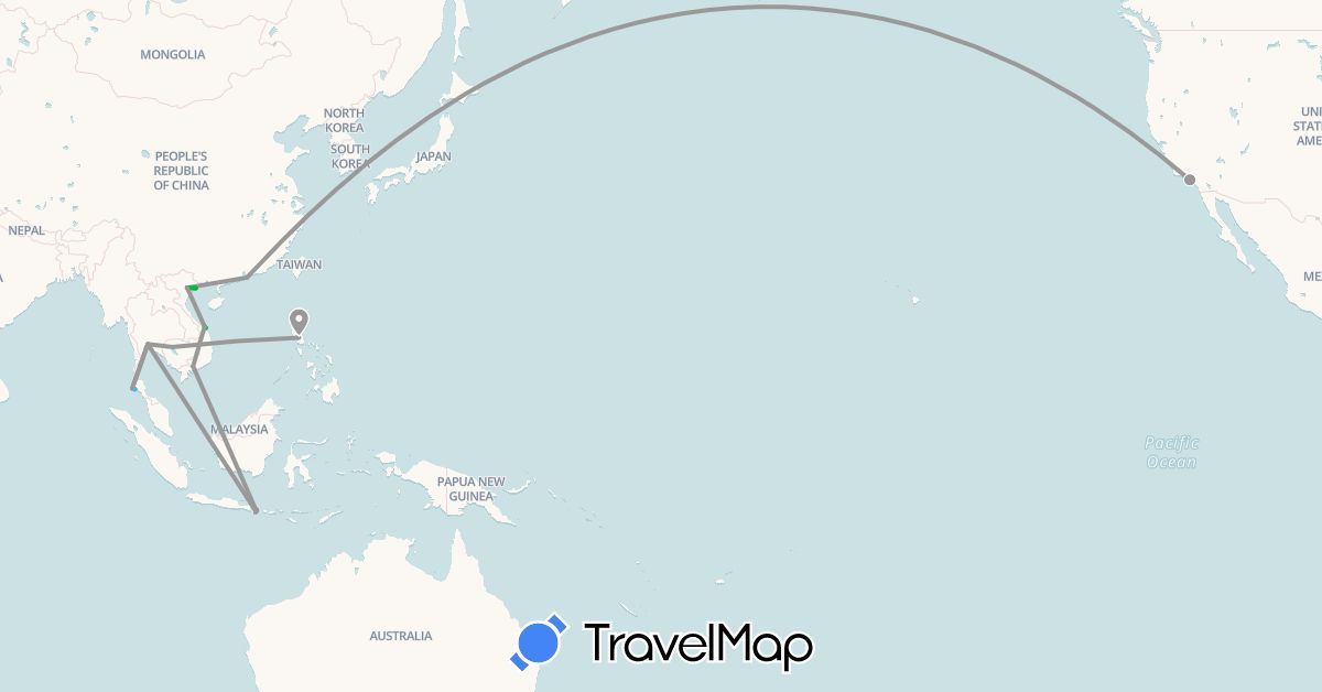 TravelMap itinerary: driving, bus, plane, boat in Hong Kong, Indonesia, Cambodia, Philippines, Thailand, United States, Vietnam (Asia, North America)